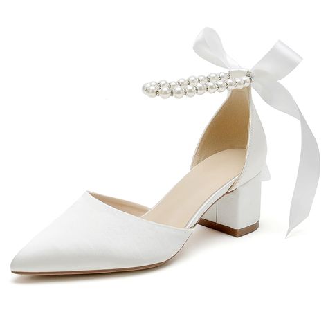 PRICES MAY VARY. Upper Material:Satin;Lining Material:Polyurethane/PU Features: Pointed Toe with 2.2 inch block heel,embellishment with pearls,chains,adjustable ribbons,easy to wear and always let you feel comfortable,you could match with any style bride dress Style:Elegant, Classic & Traditional, Chic & Modern,Great gift for bride,girlfriend,mother and best friend. Occasion:Wedding, Party,Formal Evening,Cocktail Party,Homecoming,Graduation,Daily dressy, Casual,Office,Dating,Nightouts,Club and a Pearl White Closed Toe Wedding Shoes For Evening, White Closed Toe Wedding Shoes With Satin Bow, Elegant Closed Toe Wedding Shoes With 4-inch Heel, Satin Wedding Shoes With 4-inch Heel, Wedding Kitten Heels With 4-inch Heel And Round Toe, Wedding Shoes Block Heel, Bridal Shoes Low Heel, Bridal Pumps, Chunky Pearls