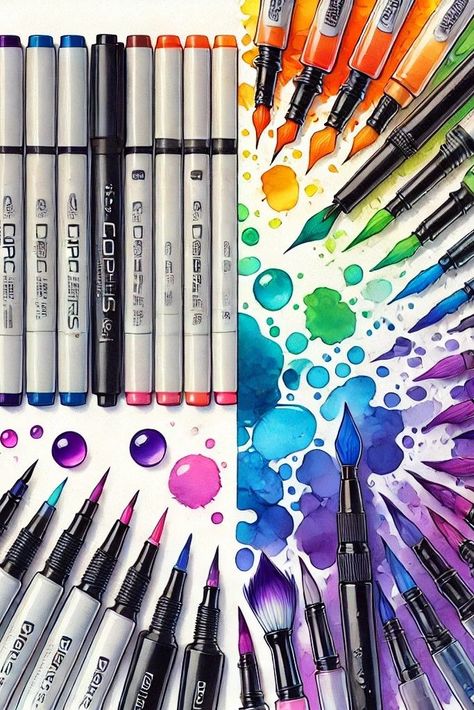 A colorful comparison of Copic markers and watercolor brush pens, showcasing vibrant colors and artistic tools arranged on a bright background, emphasizing the topic "Copic Markers vs Watercolor Brush Pens." Watercolor Brush Pens Art, Arteza Watercolor Brush Pens, Watercolor Marker Art, Brush Pens Art, Arteza Watercolor, Blending Markers, Drawing Utensils, Watercolor Brush Pens, Blending Techniques