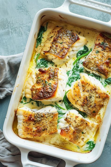 Keto Seafood Casserole Recipes, Cod Spinach Recipe, Recipes Using Cod, Fish Spinach Recipes, Cod And Spinach Recipes, Keto Recipes Fish, Fish And Spinach Recipes, Cod Bowl Recipe, Pescatarian Low Carb Recipes