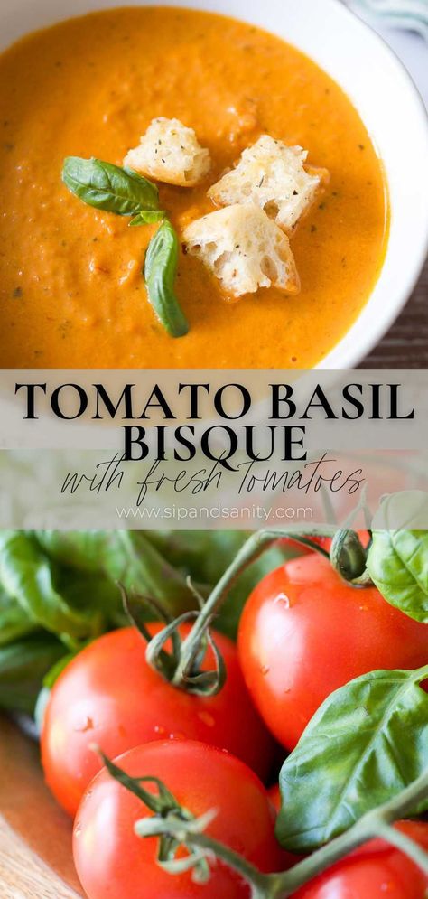 Tomato And Basil Soup, Tomato Bisque Recipe, Tomato Basil Bisque, Tomato Bisque Soup, Bisque Soup Recipes, Tomato Harvest, Tomato Basil Soup Recipe, Fresh Tomato Soup, Creamy Tomato Basil Soup