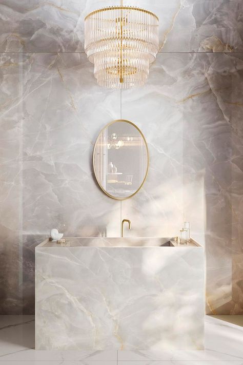 Get stunned by our new Onyx Pearl surfaces and follow its elaborate yet delicate veining through its whole endless surface. Onyx Bathroom Ideas, Onyx Bathroom, Onyx Shower, Porcelain Tile Bathroom, Luxe Bathroom, Bathroom Ensuite, Stone Interior, Wall Texture Design, Great Bathrooms