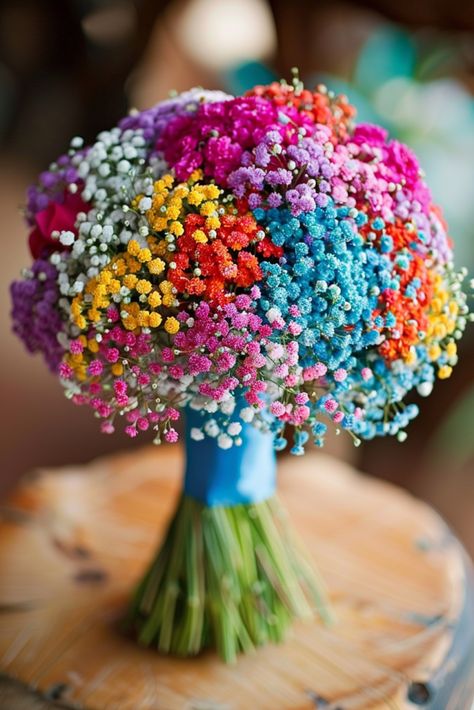 Bright Wedding Flowers Bouquet, Non Traditional Bouquets, Bright Color Bouquet, Alternative To Flowers At Wedding, Rainbow Color Wedding Theme, Black And Rainbow Wedding, Bright Bridesmaid Bouquet, Rainbow Theme Wedding, Vibrant Wedding Decor