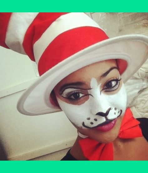 Cat In The Hat Face Paint, Cat In The Hat Makeup Woman, Cat In The Hat Makeup, Cat In The Hat Costume, Seussical Jr, Seussical Costumes, Book Day Costumes, Halloween Idea, Last Minute Halloween