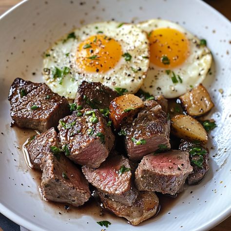 Good Morning, Breakfast Lovers! Are you ready to start your day with a meal that’s as satisfying as it is simple? Introducing Easy Garlic Steak Bites and Eggs for Breakfast��—a Steak Bites And Eggs, Egg And Steak Breakfast, Steak For Breakfast Ideas, Breakfast Steak, Garlic Steak Bites, Breakfast Feast, Carrot Cake Cheesecake Recipe, Steak Breakfast, Garlic Steak