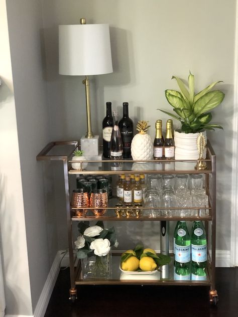 Bar Cart With Wine Rack, Cocktail Bar Living Room, Drinks Cart Ideas, Apartment Wine Bar, Alcohol Free Bar Cart, Glass Bar Cart Styling, Wine Cart Ideas Small Spaces, Bar Cart And Mini Fridge, Tall Bar Cart