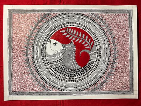 Fish a symbol of prosperity done with acrylic colours on paper and nib Madhubani Fish Paintings, Madhubani Fish, Madhubani Motifs, Kalamkari Art, Fish Paintings, Painting Fish, Pichwai Painting, Pen Work, Madhubani Paintings