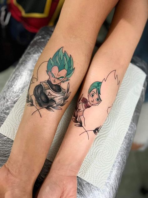 Vegeta And Bulma Tattoo Ideas, Dragon Ball Couple Tattoos, Vegeta Bulma Tattoo, Bulma And Vegeta Tattoo, Vegeta Tattoo Ideas, Vegeta Tattoo Design, Tattoo Parejas, Bulma And Vegeta, Dragon Ball Z Tattoo