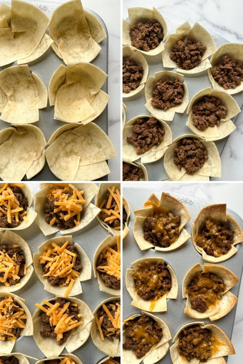 Taco Cups with Tortillas are crunchy and delicious! These easy to make hand-held tacos are baked in a muffin tin. Corn Tortilla Muffin Cups, Beef Cups Muffin Tins, Mini Taco Bowls Flour Tortillas, Taco Cups Corn Tortillas, Taco In A Cup, Leftover Taco Meat Appetizer, Muffin Cup Appetizers, Tortilla Appetizers Finger Foods, Muffin Taco Cups