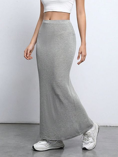 Light Grey Casual Collar  Knitted Fabric Plain Mermaid Embellished High Stretch  Women Clothing Light Grey Skirt Outfit, Grey Maxi Skirt Outfit, Grey Long Skirt, Workout Skirt Outfit, Gray Skirt Outfit, Long Grey Skirt, Light Grey Skirt, Grey Maxi Skirts, Long Skirt Outfits