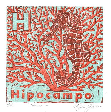 Seahorse Linocut, Color Linocut, Skeleton Photo, Spanish Alphabet, Linocut Art, Letter H, Sea Creature, Grand Rapids Mi, Stonehenge