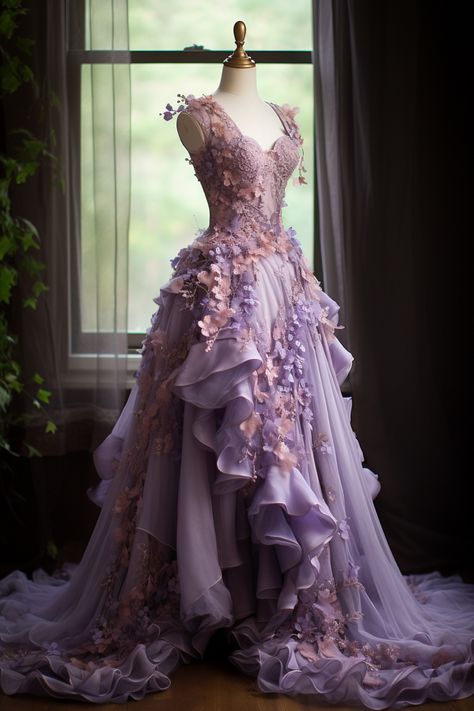 Lavender flower inspired gown Lavanda Dress, Lavender Wedding Dress, Sweetheart Wedding Gown, Textiles Inspiration, Flower Gown, Rapunzel Dress, Fairy Wedding Dress, Fantasy Dresses, Lavender Flower