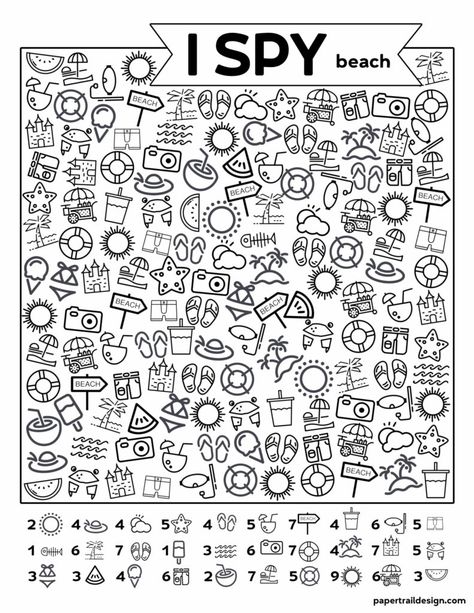 Free Printable I Spy Beach Activity - Paper Trail Design Printable Road Trip Games, New Year's Games, I Spy Games, New Years Activities, Art Therapy Activities, Hidden Pictures, Fun Worksheets, Paper Trail, Beach Activities