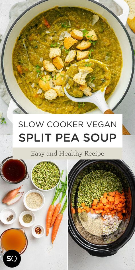 This easy and healthy Slow Cooker Vegan Split Pea Soup is a must-try winter dinner that's totally hands off and packed with fiber, protein and flavor. Made with quinoa, mushroom and vegetable broth for added heartiness. Slow Cooker Vegan Split Pea Soup. Easy Vegan Soup Idea for Lunch or Dinner. Make this recipe in your Crockpot. | Easy and Healthy Recipe | Simply Quinoa Pea Soup Crockpot, Vegan Split Pea, Vegetarian Split Pea Soup, Simple Veganista, Vegan Split Pea Soup, Vegan Slow Cooker Recipes, Vegan Crockpot, Split Pea Soup Recipe, Vegan Instant Pot Recipes