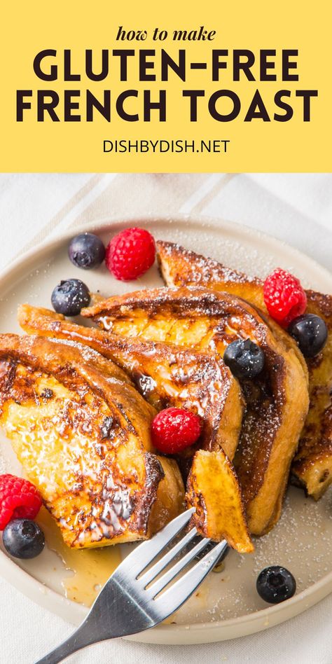 Crispy on the outside, soft and custardy inside, this delicious gluten-free French toast is an indulgent way to start the day. Topped with powdered sugar, maple syrup, and fresh berries, it's perfect for a luxurious breakfast or brunch, birthdays or holidays such as Mother's Day. Dairy-free too! Gf French Toast, Gluten Free Bread Recipe Easy, Luxurious Breakfast, Gluten Free French Toast, Breakfast Baking, Celiac Recipes, Gluten Free Yeast Free, Vegan French Toast, Gluten Free Recipes Bread