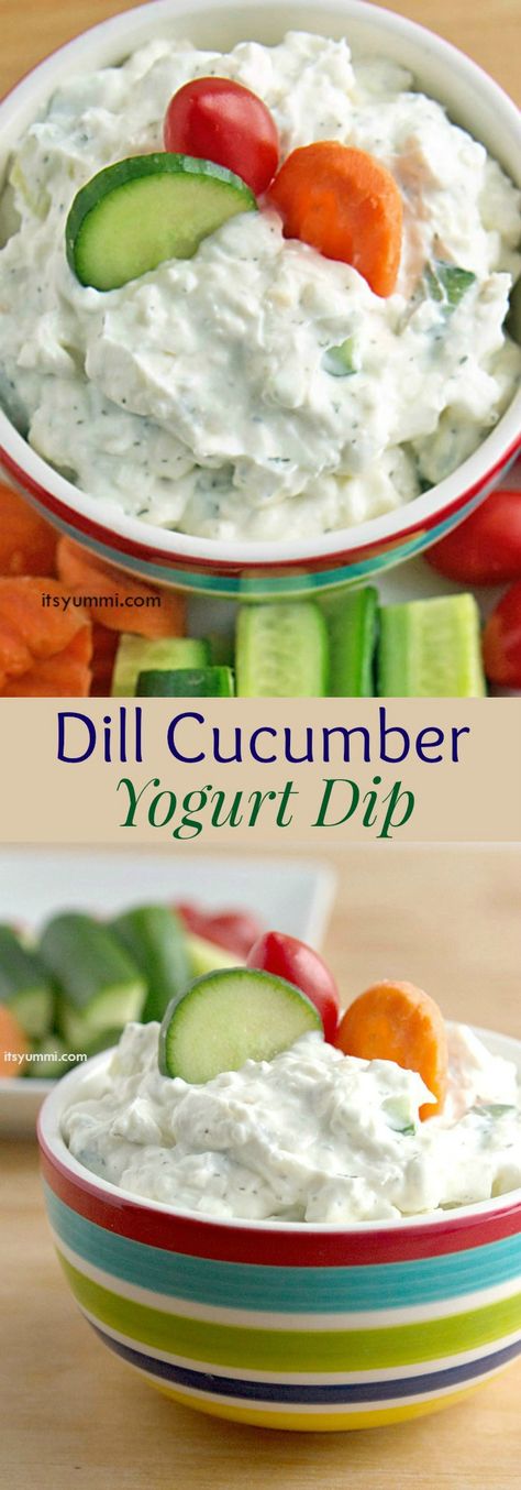 Creamy Dill Cucumber Yogurt Dip - a big hit at parties as an appetizer, or a great healthy snack for dipping veggies. Everyone will ask for this dip recipe. gluten free Cucumber Yogurt Dip, Dill Cucumber, Cucumber Dip, Chips Dip, Cucumber Yogurt, Recipe Gluten Free, Cheesecake Dip, Healthy Dips, Yogurt Dip