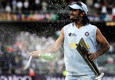 MS Dhoni sprays open a bottle of champagne, India v Pakistan, ICC World Twenty20 final, Johannesburg, September 24, 2007 Dhoni 7, History Of Cricket, Mahendra Singh Dhoni, Dhoni Quotes, Watch Live Cricket, Cricket Quotes, Ms Dhoni Wallpapers, World Cricket, Ms Dhoni Photos