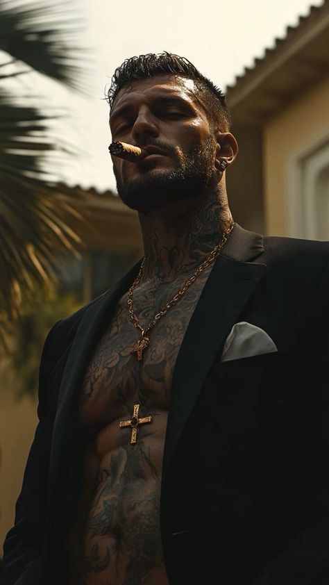 Tattooed Man In Suit, Mafia Male Aesthetic, Billionaire Man Aesthetic, Mafia Style Men, Guan Yu Tattoo, Mafia Man Aesthetic, Mens Haircut Long Hair, Braided Lines Hairstyles, Mafia Men Aesthetic