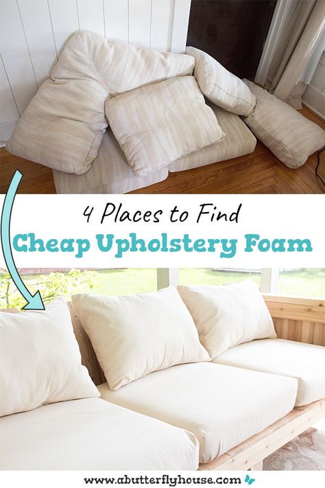 Buying upholstery foam new is so expensive. Check out this guide for finding cheap upholstery foam for your DIY projects. #Sewing Sofa Cushions Diy, Outdoor Couch Cushions, Outdoor Cabana, Furniture Cheap, Backyard Diy, Outdoor Couch, Patio Diy, Diy Outdoor Decor, Upholstery Foam