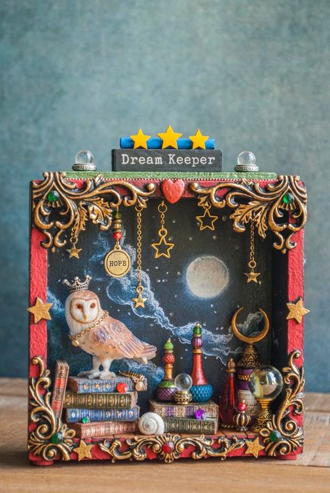 Shadowbox Diorama With Barn Owl Altered Shadowbox Art Book - Etsy Shadow Box Kunst, Book Nook Shelf Insert, Book Nook Shelf, Nook Shelf, Shadowbox Art, Collage Decoupage, Shrines Box, Shelf Insert, Halloween Shadow Box