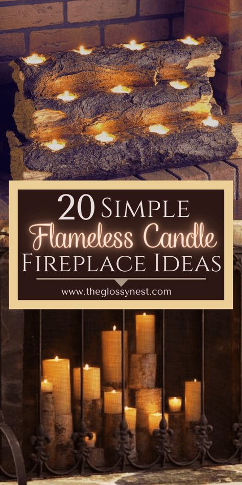 Fireplace Candles Inside, Fireplace With Candles, Candles Fireplace, Fireplace Decor Candles, Fireplace Hearth Decor, Decorate A Fireplace, Fireplace Candelabra, Corner Fireplaces, Hearth Decor