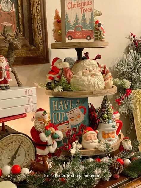 Santa Tablescape, Trendy Christmas Decor, Hello Santa, Christmas Looks, Tiered Display, Santa Collection, Kitschy Christmas, Gingerbread Decor, Ornaments Wood