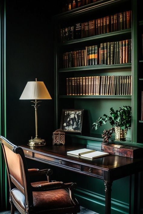 Dark Academia Small Room, Forest Green Library, Cozy Study Room Ideas, Dark Academia Aesthetic Office, Moody Study Room, Traditional Study Room, Dark Green Study, Dark Academia Study Room, Academic Decor