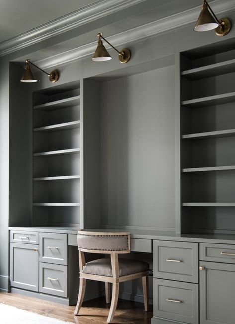 Office Cabinetry Built Ins, Built In Bookshelf Wall With Desk, Masculine Office With Built Ins, Modern Built In Bookshelves Office, Ikea Home Office Built Ins, Custom Office Cabinets, Office Builtin Desk, Built In Desk Bookcase, Paneled Office Walls