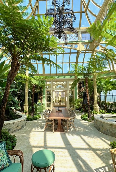 Over the years, we have noticed that a water feature is one of the most transformative elements you can add to your luxury greenhouse. >> Learn More . #customgreenhouses #greenhousewaterfeatures #greenhousedesign #gardens #palmrooms #conservatories Greenhouse Interiors Layout, Victorian Greenhouse Conservatory, Greenhouse Luxury, Dreamy Greenhouse, Tropical Conservatory, Plant Conservatory, Luxury Greenhouse, Bio Dome, House Manifestation