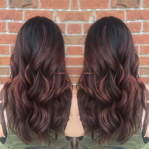 Red balayage Asian Red Balayage, Dimensional Brunette Red, Dark Brown Auburn Balayage, Asian Red Hair Balayage, Mohagany Brown Hair, Asian Red Hair, Ash Brown Hair Balayage, Ash Gray Hair Color, Asian Balayage