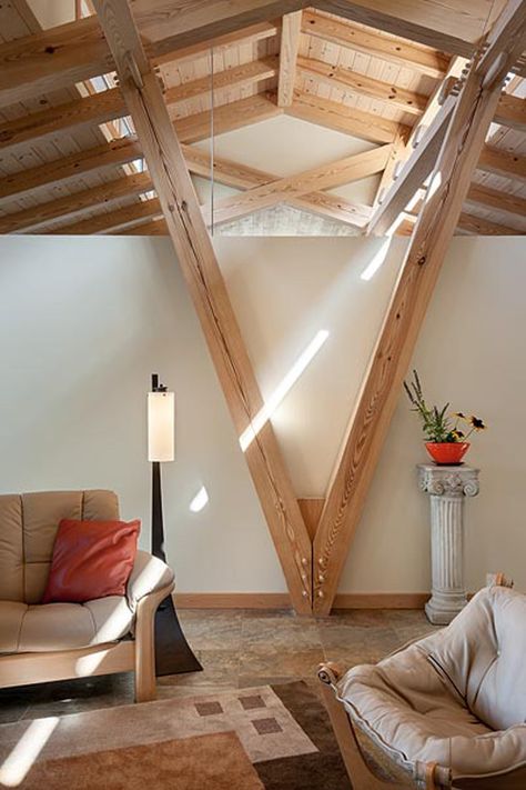 Exposed beams in a unique "V" shape. Forest Pavilion, Modern Timber Frame Homes, Modern Timber Frame, Timber Frame Joinery, Ranch Ideas, Timber Architecture, Pine Timber, Wood Architecture, Timber Beams