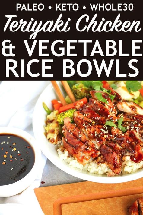 Treat your family to Teriyaki Chicken & Vegetable Rice Bowls for lunch or dinner with this keto friendly recipe that tastes like takeout! #teriyakichickenrecipe #kteo #whole30 #paleo Paleo Teriyaki Chicken, Chicken Vegetable Rice, Keto Teriyaki, Teriyaki Chicken Bowl, Teriyaki Chicken And Rice, Best Keto Recipes, Chicken Teriyaki Recipe, Chicken Vegetable, Vegetable Rice