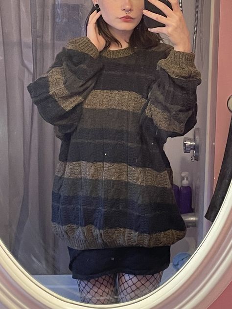 Grunge Knitted Sweater, Actual 90s Grunge, Striped Sweater Outfit Grunge, Big Sweater Outfit Grunge, Crochet Grunge Sweater, Oversized Grandpa Sweater Outfit, Crochet Sweater Grunge, Grunge Crochet Sweater, Big Sweater Aesthetic