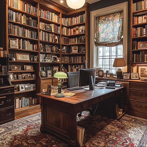 Desks With Bookshelves, Bookshelf Study Room, Mans Study Room, Law Library Office, Library Room With Desk, Small Library And Office Room, Traditional Home Office Decor, Old World Study, Old Home Office