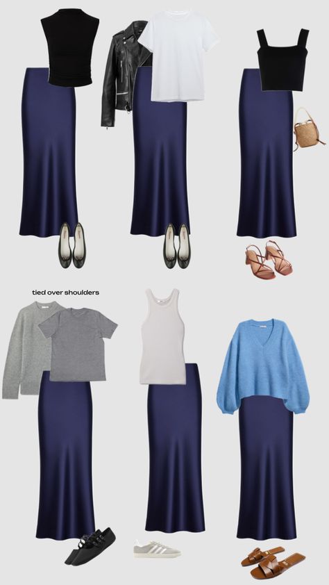 Navy satin skirt outfits Navy Satin Skirt, Satin Skirt Outfit, Simple Casual Outfits, Skirt Inspiration, Fashionable Work Outfit, Modesty Outfits, Cute Modest Outfits, Fashion Capsule Wardrobe, Over 60 Fashion