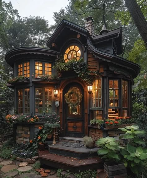 Gothic Earthy Home, Fall Gothic Aesthetic, Once Human House, Unique Architecture House, Witchy House Exterior, Small Gothic House, Cottagecore House Exterior, Witchy Houses, Gothic Tiny House