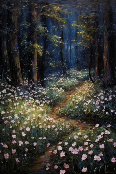 A vintage painting of wildflowers in the forest at night. Forest Night Painting, Forest At Night Painting, Magic Forest Painting, Dark Nature Painting, Simple Forest Painting, Night Forest Painting, Nature Painting Ideas, Dark Forest Painting, Enchanted Forest Painting