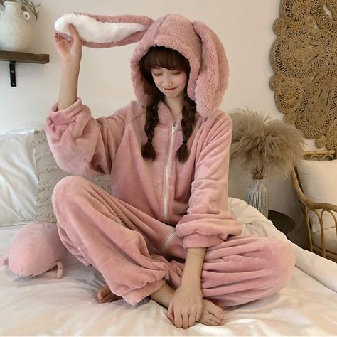 Warm Onepiece Hooded Bunny Pajama Jumpsuit Women Cartoon Animal Ear Onesie Cosplay Sleepwear Adult Pink Rabbit Pajamas Overalls| | - AliExpress Pink Bunny Ears, Bunny Onesie, Pink Overalls, Cute Onesies, Bunny Hoodie, Pajama Fashion, Style Kawaii, Cute Sleepwear