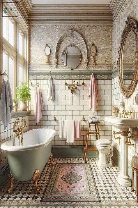 Best 40 Vintage Bathroom Idea With Retro Decor Bathroom Inspiration Vintage, Bridgerton Bathroom, Antique Bathroom Decor, Vintage Bathroom Remodel, Drømme Bad, Clawfoot Tub Bathroom, Vintage Farmhouse Bathroom, Vintage Bathroom Ideas, Clawfoot Tubs