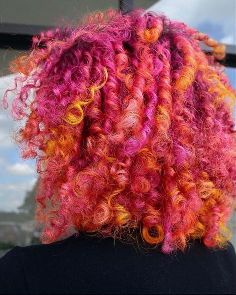 Curly Sunset Hair, Multi Colored Curly Hair, Orange Balayage, Orange And Yellow Hair, Orange Locs, Sunset Hair Color, Pink And Orange Hair, Adagio Dazzle, Pink Curls