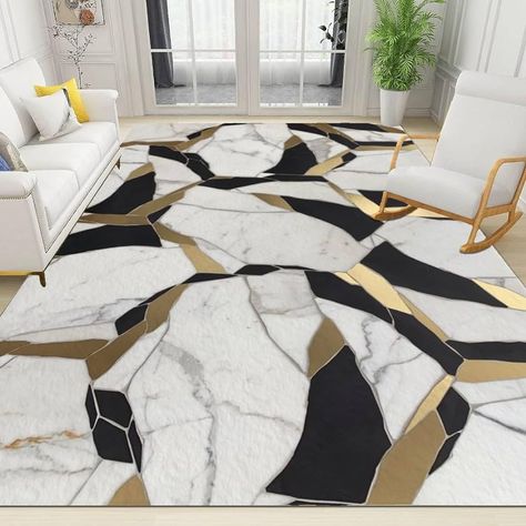 Amazon.com: White Black Gold Pattern Area Rugs, Marble Luxury Fashion Floor Carpet for Bedroom, Non Slip Washable Office Rug for Living Room Dining Room and Office 3' x 4' : Home & Kitchen Black And Gold Living Room, Modern Glam Decor, Living Room Glam, Gold Living Room Decor, Glam Living Room Decor, Carpet For Bedroom, Gold Living, Black And White Living Room, Glam Living