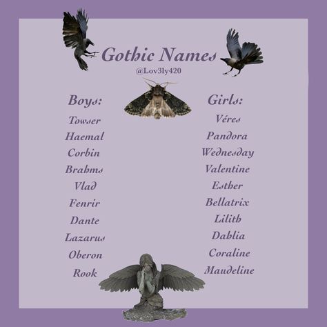 Gothic Gender Neutral Names, Vinnycore Aesthetic, Gothic Names With Meaning, Gothic Last Names For Characters, System Name Ideas Did, Goth Name Ideas, Names That Mean Raven, Vampire Names List, Gothic Names Victorian