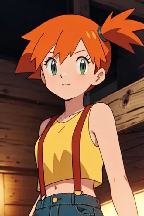 Misty Pokemon Hair, Pokemon Girl Characters, Misty Pokemon Costume, Misty Fanart, Pokemon Trainer Costume, Pose Manga, Female Pokemon Trainers, Pokemon Misty, Pokemon Vs Digimon