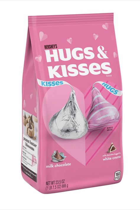 HERSHEY'S HUGS & KISSES Assorted Milk Chocolate and White Creme Candy, Valentine's Day, 23.5 Oz Bag Hershey Hugs, Gluten Free Milk, Heart Shaped Candy, Party Goodies, Hugs Kisses, Kisses Chocolate, Pink Foil, Valentine Candy, Chocolate Treats