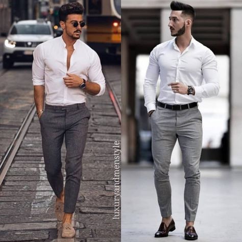 follow @luxuryandmenstyle if you like casual style  Which one???? 1⃣ or 2⃣ . . Style by  @rowanrow and @youclement . . #menwithclass… Grey Trousers Outfit Men, Grey Dress Pants Outfit, Grey Trousers Outfit, Dress Pants Outfit, Trousers Outfit Men, Chinos Men, Grey Dress Pants Men, Slacks Outfit, Grey Pants Outfit