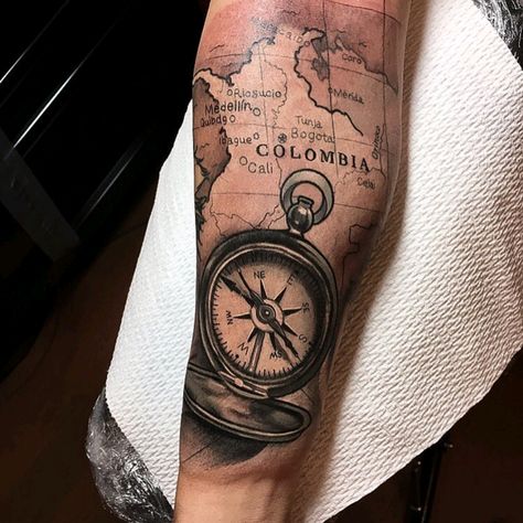 Colombian Tattoo, Clock Tattoo Sleeve, Compass And Map Tattoo, Soccer Tattoos, Map Tattoo, Mens Lion Tattoo, Pirate Tattoo, Buddha Tattoos, Boho Tattoos