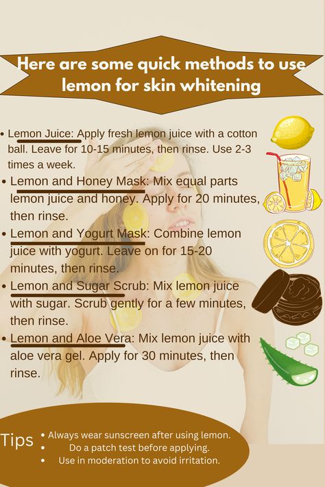 Unlock the natural brightening power of lemon with these easy methods! 🍋✨ Lemon is rich in vitamin C and has natural bleaching properties that can help lighten dark spots and improve overall skin tone. From simple lemon juice applications to DIY face masks, discover how to incorporate this zesty ingredient into your skincare routine.  #SkinWhitening #LemonBeauty #NaturalSkincare #GlowingSkin#BeautyInspo #SkinCareRoutine #FashionTips #TimelessBeauty #BeautifulYou Tips To Brighten Skin, How To Lighten Eye Color Naturally, How To Get Lighter Skin Naturally, How To Whiten Skin Naturally, Lemon Skincare, Skin Lightening Diy, Dark Skin Makeup Tutorial, Natural Skin Lightening, Lighten Skin Tone