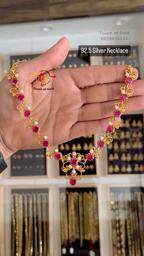 92.5 Silver Ruby Stone Necklace From 'Touch of Gold' • South India Jewels Ruby Sets Indian Gold, Ruby Necklace Indian Gold, Ruby Necklace Indian, Gold Sets Jewelry Indian Design, Ruby Stone Necklace, Cooking Sweets, Baby Jewelry Gold, Diamond Earrings Indian, Ruby Necklace Designs