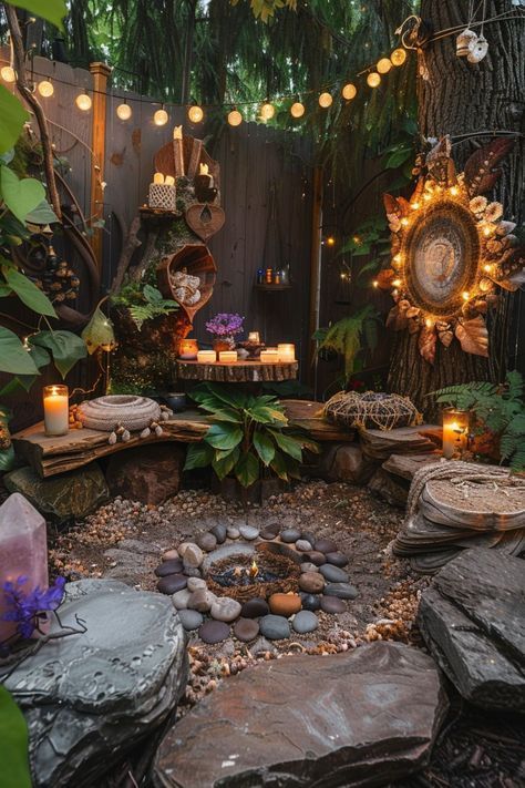 Sanctuary Garden Design, Hedge Witch Home Decor, Fairy Garden Backdrop Ideas, Backyard Small Garden Ideas, Garden Witch Decor, Nature Furniture Design Inspiration, Witchy Front Porch Ideas, Witchy Cottage Core Aesthetic, Interior Design Witchy