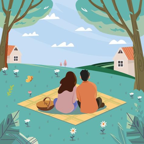 Couple Picnic On A Green Grass Looking To The Sky Concept Looking To The Sky, Couple Picnic, Grass Drawing, Spring Illustration, Illustration Story, Garden Illustration, Garden Drawing, Summer Illustration, Family Painting