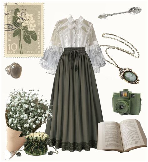 Old Money Aesthetic Green Outfit, Dark Academia Aesthetic Green Outfit, Neutral Green Outfit, Green Nature Outfit, Old Soul Aesthetic Outfits, Apothecary Aesthetic Outfit, Old English Aesthetic Clothes, Light Academia Green Outfits, Dark Green Academia Outfit